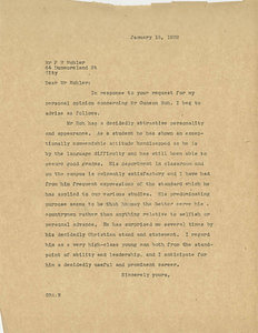 Letter to Frank Mohler regarding Gunsun Hoh (January 16, 1922)