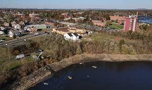 Aerial photograph of vehicles revealed on lake bed of Lake Massasoit