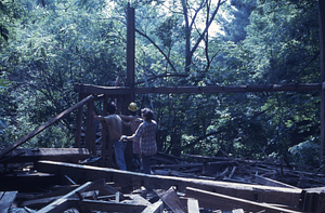 Moon House deconstruction in Moon Lot - Primmer Farm. First floor being dismantled by Peter Jensen (Class of 1971) {background}, and in foreground left to right Peter McChesney (Class of 1975), Lee Greenhouse, and Tom Hardie (Class of 1978).