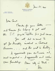 Thank you letter from Representative James P. McGovern to Carol Pryor related to her work with the Jamaica Plain Committee on El Salvador