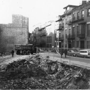 View of the building lot being cleared for Suffolk University's Donahue Building (41 Temple Street)