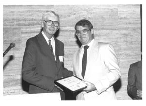Administrators Francis X. Flannery with Michael Dwyer at Suffolk University's Dean's Reception 1989