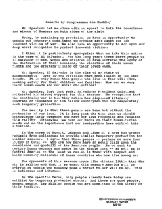 Remarks by John Joseph Moakley regarding temporary protection of Salvadoran refugees in the U.S. Includes handwritten notes