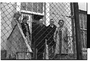 Ethel Smyth, Protestant (although educated by nuns in Newry), DUP politician known as "firebrand," leaving Downpatrick Courthouse just after being found guilty of "riotous behavior" in Castlewellan, Co. Down. Close-ups and other shots with supporters