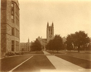 Saint Mary's Hall, Devlin Hall, and Gasson Hall from sidewalk on Linden Lane, by Clifton Church