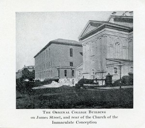 Boston College South End campus exterior: James Street building next to the Immaculate Conception Church