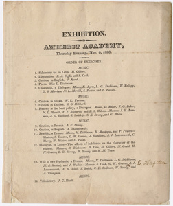 Amherst Academy exhibition program, 1820 November 9