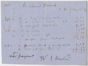 Edward Hitchcock receipt of payment to Warren Howland, 1853