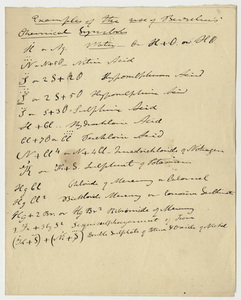 Edward Hitchcock classroom lecture notes, "Examples of the use of Berzelius' Chemical Symbols"