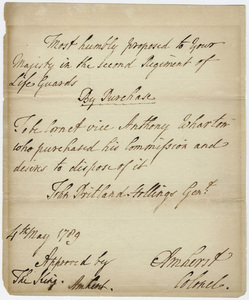 Miliary commission of John Pritland Hollings, signed by Jeffery Amherst, 1789 May 4