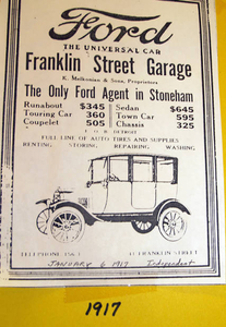 Ad for Ford dealership--Stoneham, MA 1917