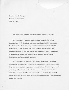 Senator Paul E. Tsongas' Address to the Senate - The Regulatory Flexibility and Expanded Powers Act of 1981