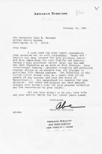 Letter from Abraham Ribicoff to Paul E. Tsongas