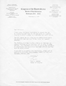 Letter to Colleagues from Paul Tsongas regarding legislation to suspend the use of franked mass-mailings for 120 days prior to a general election