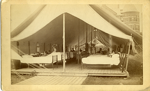 Tents in yard, Boston City Hospital, Spanish-American War, homeopathic hospital, East Concord Street in background