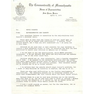 Letter, METCO parents, April 8, 1975.