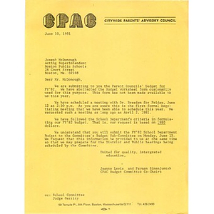Letter, Superintendent Joseph McDonough, June 10, 1981.