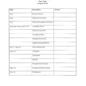 Timetable for program book, planning committee agenda, and sub-committee responsibilities for the Chinese Progressive Association's 25th anniversary celebration and banquet