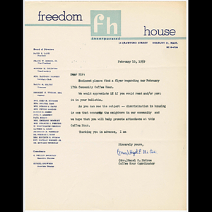 Letter advertising Freedom House Coffee Hour