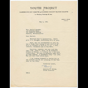 Letter from Basilla E. Neilan of the Youth Project of Cambridge Civic Unity Committee and Cambridge Community Relations Committee to Muriel Snowden of Freedom House