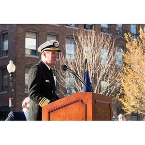 Vice Admiral Mark Fitzgerald speaks at the Veterans Memorial dedication