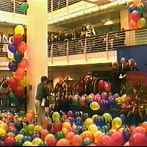 Multicolored balloons covering the floor of the Curry Student Center