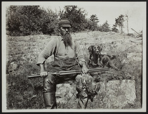 Portrait of John and dog, full length, seated, facing front, York, Maine, undated