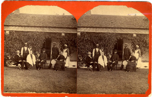 Stereograph of a group of people in front of a dwelling, location unknown, ca. 1870
