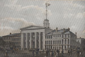 View of the Merchants Exchange, State Street, and the proposed Post-Office on Congress Street, Boston, Mass.