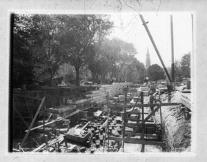 Building retaining walls to the entrance in Public Garden looking west