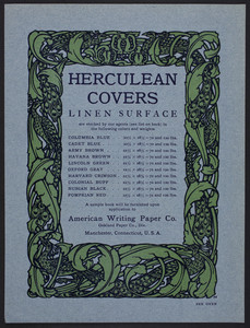 Herculean Covers Linen Surface, American Writing Paper Co., Manchester, Connecticut, undated