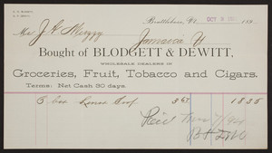 Billhead for Blodgett & Dewitt, groceries, fruit, tobacco and cigars, Brattleboro, Vermont, dated October 3, 1894