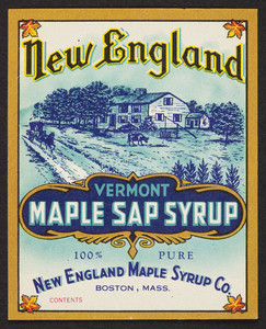 Labels for New England Vermont Maple Sap Syrup, New England Maple Syrup Co., Boston, Mass., undated