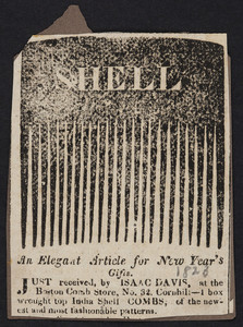 Advertisement for Isaac Davis, Boston Comb Store, No. 32 Cornhill, Boston, Mass., ca. 1823