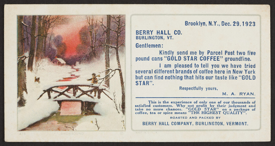 Trade card for Gold Star Coffee, Berry Hall Company, Burlington Vermont, December 29, 1923