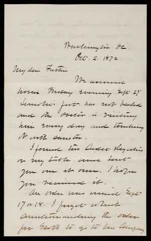Thomas Lincoln Casey to General Silas Casey, October 2, 1872