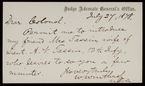 W. Winthrop to Thomas Lincoln Casey, July 27, 1878