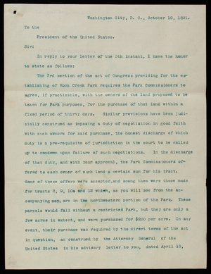 Thomas Lincoln Casey to [Benjamin Harrison], October 10, 1891, copy