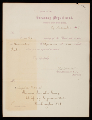 Office of the Light-House Board to Thomas Lincoln Casey, December 27, 1888