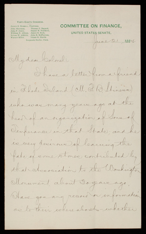 Senator Nelson W. Aldrich to Thomas Lincoln Casey, June 21, 1884