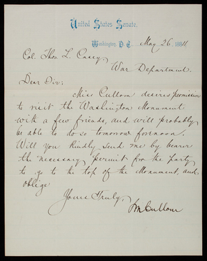 Senator Shelby Cullom to Thomas Lincoln Casey, May 26, 1884