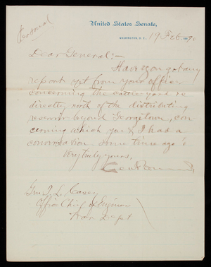 Senator [George] Edmunds to Thomas Lincoln Casey, February 19, 1890