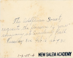 Invitation to Miss Agnes Merriam from the New Salem Academy Alphedian Society