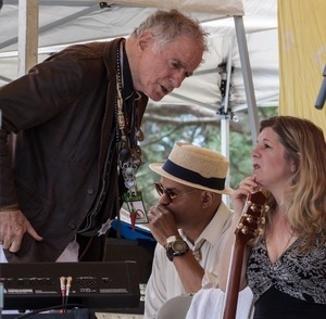 David Amram, Guy Davis, and Dar Williams (from left) on stage at the Clearwater Festival