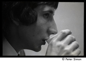 Pete Townshend: close-up portrait, drinking from a styrofoam cup