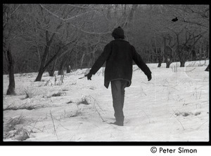 Raymond Mungo trudging through the snow, Packer Corners commune