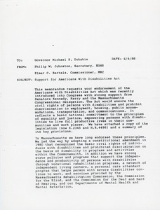 Letter from Elmer C. Bartels to Governor Michael Dukakis