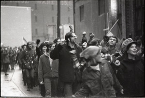 MIT I-Lab demonstration: protesters, some with fists raised, by Instrumentation Laboratory