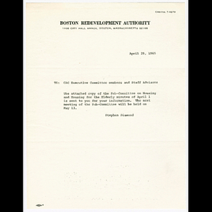 Memorandum from Stephen Diamond to Citizens Advisory Committee Executive Committee members and staff advisors about reading minutes of Subcommittee on Housing and Housing for the Elderly meeting on April 1, 1965 and minutes for Subcommittee on Housing and Housing for the Elderly meeting on April 1, 1965