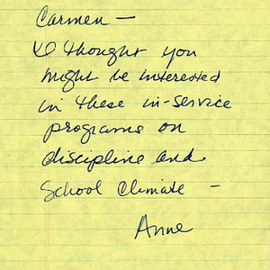 Handwritten note from Anne to Carmen Pola about school discipline and climate programs